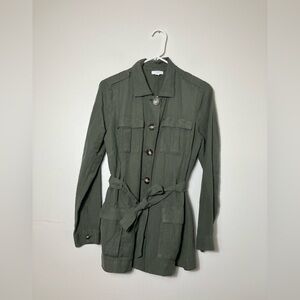 J Jill WOMENS S Olive Green Military Utility Tie Waist Button Front Jacket Linen